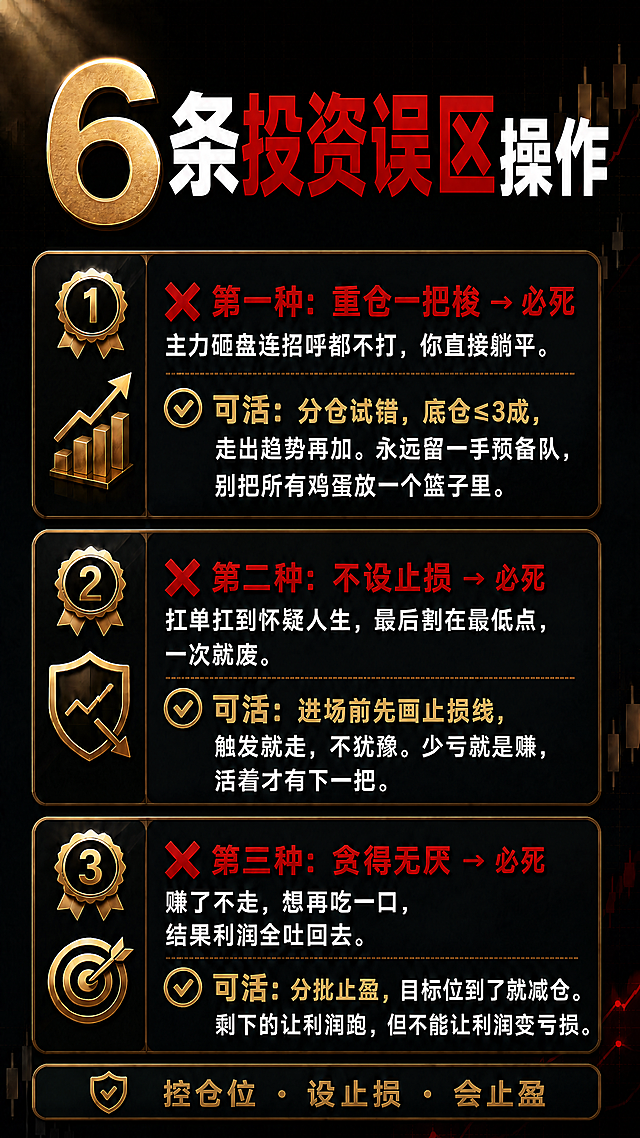 保持原图所有内容不变，仅修改大标题为“6条投资误区操作”，保留黑红金金融风格，竖屏股票K线背景，排版和原图一致