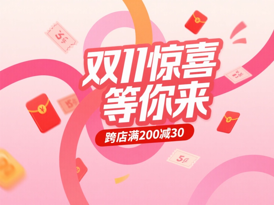 主标题“双11惊喜等你来” ，搭配 “跨店满 200 减 30” 红色副标题框，点缀优惠券、红包等促销小元素，背景为粉色渐变，促销氛围预览效果