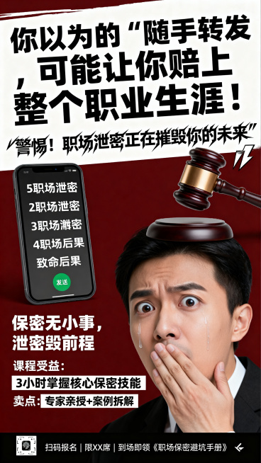 职场保命主题保密普法宣传海报，主色调深红搭配黑与白，营造强烈警示紧迫感。顶部主标题加粗黑字体："你以为的“随手转发”，可能让你赔上整个职业生涯！"，副标题使用尖锐斜体。中部清晰排版列出5项职场泄密场景预览效果