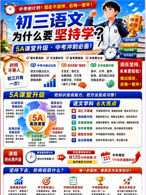 将这张海报中所有英文信息替换成中文，保持原有排版、布局和整体风格不变，将标题从初三英语为什么要坚持学改为初三语文为什么要坚持学，5A课堂升级和中考冲刺的内容不变，把书籍上标注的GRAMMAR、VOCA预览效果