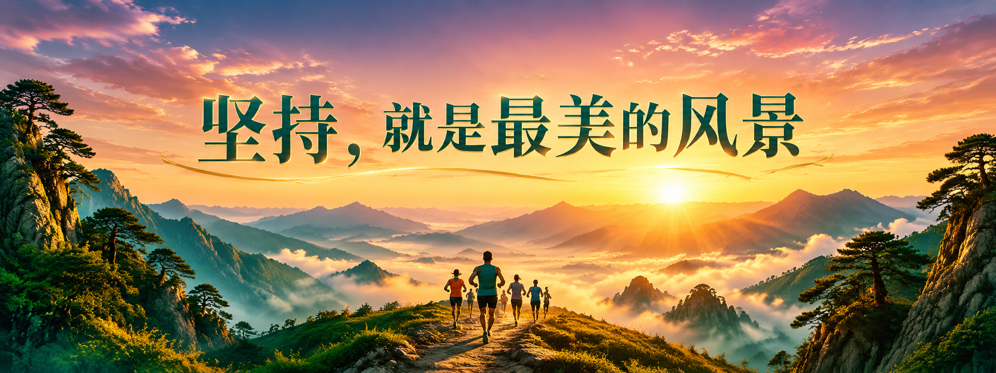 马拉松啦啦队手拉旗设计，横版超宽幅。自然风景风格，背景为壮丽山… - 图片创意预览