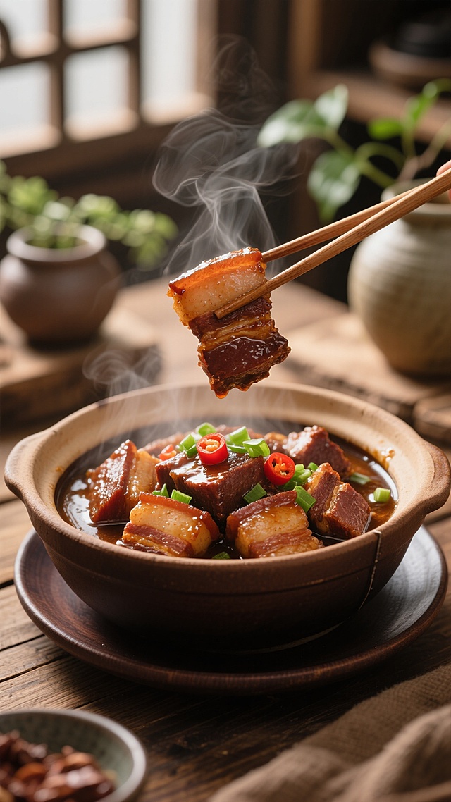超写实美食摄影风格，一碗热气腾腾的红烧肉特写，精选五花肉块肥瘦相间，色泽红亮诱人，表面覆盖浓郁酱汁并点缀翠绿葱花与鲜红辣椒圈，被一双木筷夹起一块悬于深褐色粗陶砂锅上方，砂锅置于深色木质圆盘上，背景为不同画面内容的中式厨房场景，包含模糊的陶罐、绿植枝叶与木质桌面，整体采用暖色调光线，高光突出肉质油润感与酱汁光泽，阴影层次丰富，营造出温馨诱人的家常美食氛围，画面细节清晰，质感细腻，构图聚焦主体，背景元素自然和谐。