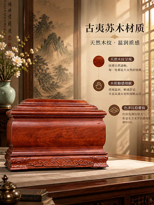 [商品] 使用【图4】金玉满堂古夷苏木骨灰盒侧面图；保留侧面大面积天然木纹、底部卷草纹雕刻、天地盖分层结构、红棕木色、方正圆润造型；商品处理：增强天然木纹纹理清晰度，使木材肌理更细腻可见，突出木质温润质感，不改变产品外形。
[画面] 材质展示页，产品侧面居中偏左，占画面约55%，大面积展示木纹肌理；右侧为材质卖点文字；背景为中式厅堂，左侧青瓷花瓶与白色花卉，后方山水挂画，右侧木格窗透进自然光；前景桌面铺素色桌旗，整体雅致沉静。
[视觉] 套系策略：风格=东方传统美学商业摄影；标题字=宋体衬线粗体（庄重典雅）；正文字=简洁宋体；主色=古夷苏木红棕木色；背景延展=基于红棕木色做深浅层级、暖棕渐变、宣纸/木纹质感；强调色=暗金色，仅用于小面积图标、引线、装饰线条；标题色=深棕近黑；正文色=中暖棕；组件=圆角木色信息卡、细金线引线、传统纹样分隔；光影=左前侧暖柔光，侧逆光勾勒轮廓，整体暖调庄重。
[文字] 右上主标题"古夷苏木材质"，副标题"天然木纹 · 温润质感"；下方三个卖点："天然木纹呈现"、"木质触感细腻"、"色泽沉稳雅致"，每项配简短说明；所有文字横排，右半区布局，移动端可读。
[规格] 图片比例3:4竖版，4K分辨率，负向提示：避免变形、错字、文字过小、冷蓝/冷灰背景、木纹失真、颜色改变、现代简约风格。