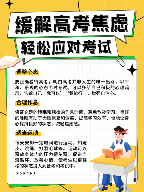黄色卡通缓解高考焦虑知识分享学习指南小红书内页预览效果