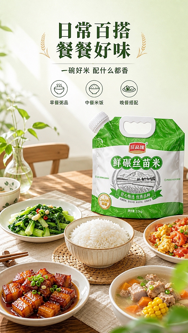 [商品] 使用【图1】庄品健鲜碾丝苗米2.5kg吸嘴自立袋包装；严格保留产品外观结构、绿色主色、白色提手、白色吸嘴盖、红色Logo"庄品健"、绿色大字"鲜碾丝苗米"、中间田园插画、"匠心甄选 优质品种"绿色飘带、金色"24小时鲜碾"徽章、两侧小字"进口原粮低温储存""拧盖设计密封锁鲜"、底部"净含量:2.5kg"等所有包装文字、字体、颜色和图案，100%复刻不得修改；产品置于画面角落或侧方，品牌清晰露出。
[画面] 第6张 日常百搭场景页，目标展示米饭搭配家常菜肴的食用场景；构图为餐桌俯拍或半俯拍，中央是一碗白米饭，周围搭配3-4道家常中式菜肴（青菜、红烧肉、汤等），形成一桌家常饭的温馨氛围；产品包装袋放在餐桌一角；整体场景占画面约65%；参考【图2】场景页的氛围营造，替换为中餐餐桌场景。
[视觉] 套系策略：风格=清新自然食品商业摄影风（参考【图2】有机燕麦片详情页的绿色田园、干净通透、卡片式排版风格）；标题字=宋体衬线粗体；正文字=简洁无衬线体；主色=稻田绿；背景延展=基于稻田绿做浅绿→米白渐变、同色深浅层级、细腻纸张/稻秆纹理质感；强调色=暖金色；标题色=深墨绿；正文色=深灰绿；组件=圆角浅绿/米白信息卡、细线引线、稻穗图标、圆形卖点icon；光影=暖调自然光，餐桌温馨有烟火气。
[文字] 上部主标题「日常百搭 餐餐好味」，副标题「一碗好米 配什么都香」；下方配3个小图标横向排列：早餐粥品、中餐米饭、晚餐搭配；文字全部横向排版。
[规格] 图片比例9:16竖版，4K分辨率，负向提示：避免产品变形、包装文字错乱、字体改变、颜色偏差、冷蓝/蓝灰背景、文字竖排/斜排、极限词、虚假宣传、水印、二维码。