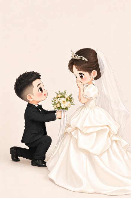 将这张婚纱照转换成Q版卡通风格，保持新郎单膝求婚、新娘捂嘴笑的姿势和婚纱西装造型，保留手捧花和头纱，整体风格可爱萌趣预览效果