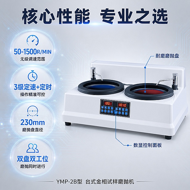 [主图-2] 金相试样磨抛机核心性能卖点图，参数数据展示。
[氛围风格] 硬核科技风 数据可视化 专业技术感；
[画质] 商业摄影质感、光线明亮、产品清晰锐利、画面干净高级。
[元素] 画面右侧放置YMP-2B型磨抛机主体，45度斜侧视角展示双盘结构与数显面板，数显屏清晰显示转速数字。左侧为大面积参数数据展示区，背景为浅灰色科技感渐变底，带有细微的电路纹理装饰。画面中散布4个圆形数据图标，分别对应转速、定时、盘径、工位。**保持磨抛机外观（即物理结构、材质质感、颜色、双盘布局、数显面板）与输入产品图绝对一致，杜绝任何变形和色差，精细化处理**。商品主体占比约55%；画面满屏无边框。
[光影] 右侧产品受顶光与侧光照射，立体感强；左侧数据区有柔和的蓝色发光效果，数据图标有轻微外发光，整体科技感十足，光比适中。
[配色] 主色科技白、深蓝；点缀色科技红、亮蓝；背景浅灰渐变。
[视角构图] 左右分栏构图，右侧产品左45度斜侧视角，左侧数据区；视觉重心在中间过渡区。
[文字版式] 顶部通栏大标题"核心性能 专业之选"，深蓝色粗体大号字居中。左侧数据区四个圆形数据图标竖向排列，每个图标内上为大号数字下为说明文字：图标一「50-1500R/MIN」「无级调速范围」图标二「3级定速+定时」「操作精准可控」图标三「230mm」「磨抛盘直径」图标四「双盘双工位」「磨抛同时进行」。数字用亮蓝色大号粗体，说明文字用深灰色小号。右侧产品旁边有两条引线标注，分别指向数显屏和磨盘，标注文字"数显控制面板"和"耐磨磨抛盘"。底部一行小字"YMP-2B型 台式金相试样磨抛机"，深灰色居中。
[输出要求] 1:1比例，文字清晰锐利，画面超高清商业摄影质感。
[负向提示词] 变形，文字错乱，产品图模糊，背景杂乱，水印，电商平台Logo。