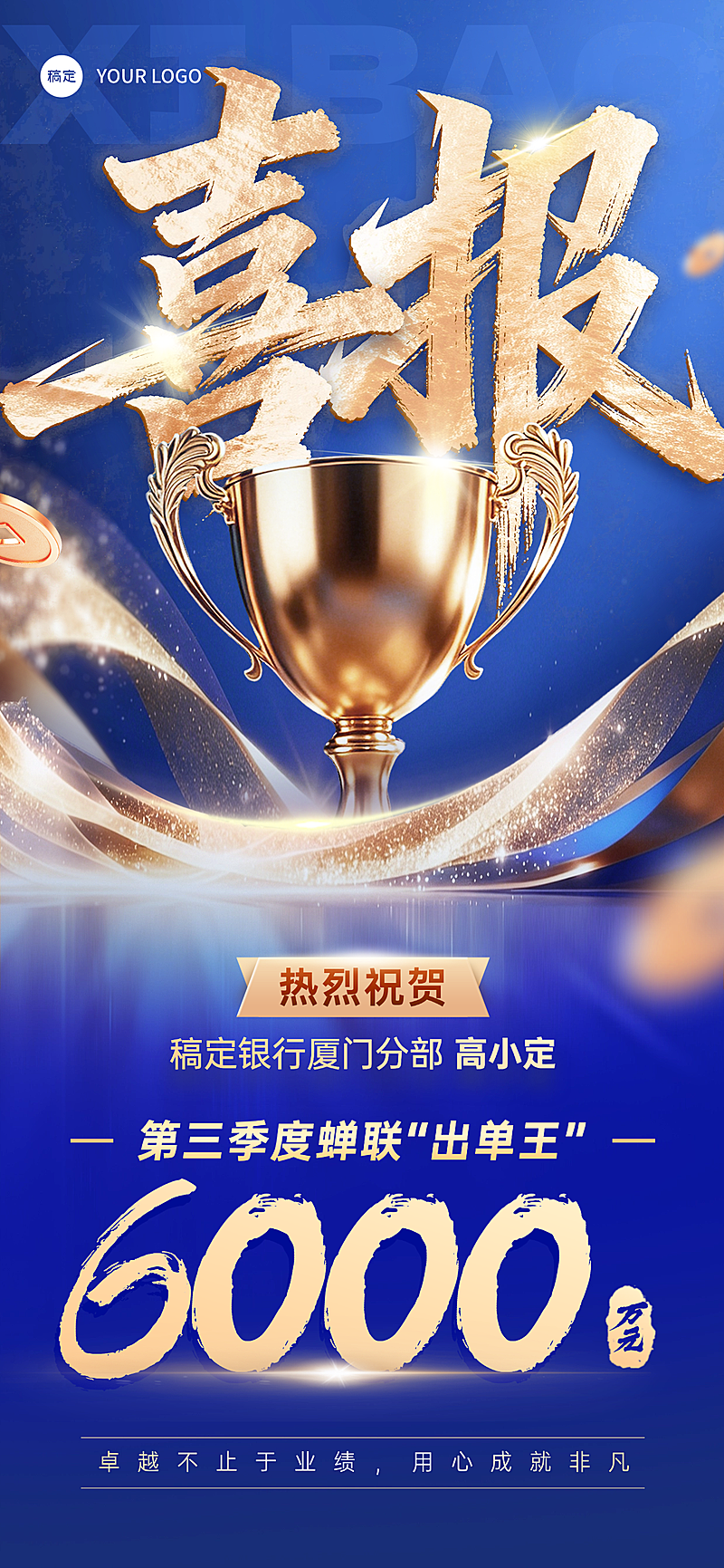 银行业绩蓝金奢华感喜报手机全屏竖版海报