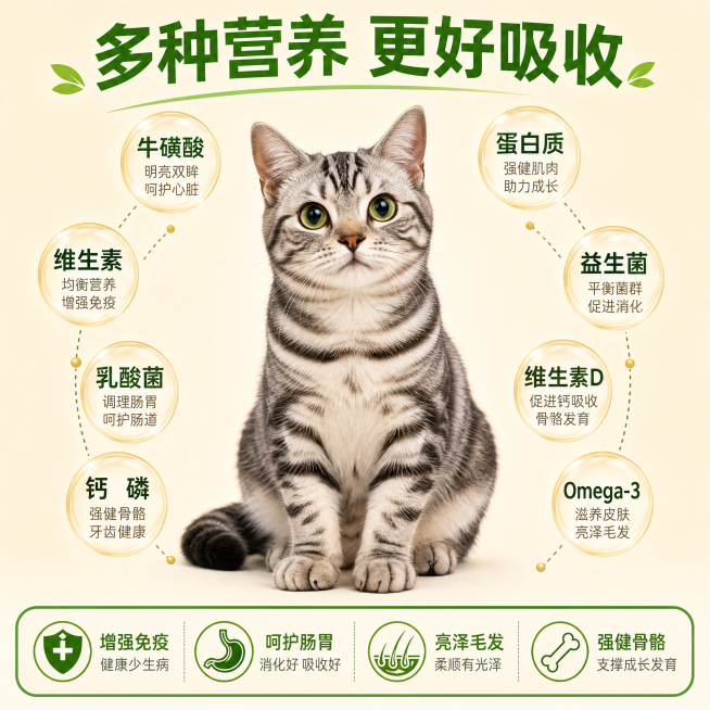 生成一张宠物营养宣传图，整体保持原图风格：浅米色背景，中间是坐姿的美短虎斑猫，顶部绿色大字“多种营养 更好吸收”。保留其他营养元素文字不变，只修改两处：把圆圈中的“硫酸锰”改为“乳酸菌”，“硫酸锌”改预览效果