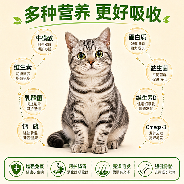 生成一张宠物营养宣传图，整体保持原图风格：浅米色背景，中间是坐姿的美短虎斑猫，顶部绿色大字“多种营养 更好吸收”。保留其他营养元素文字不变，只修改两处：把圆圈中的“硫酸锰”改为“乳酸菌”，“硫酸锌”改为“益生菌”，保持其他元素位置和样式不变