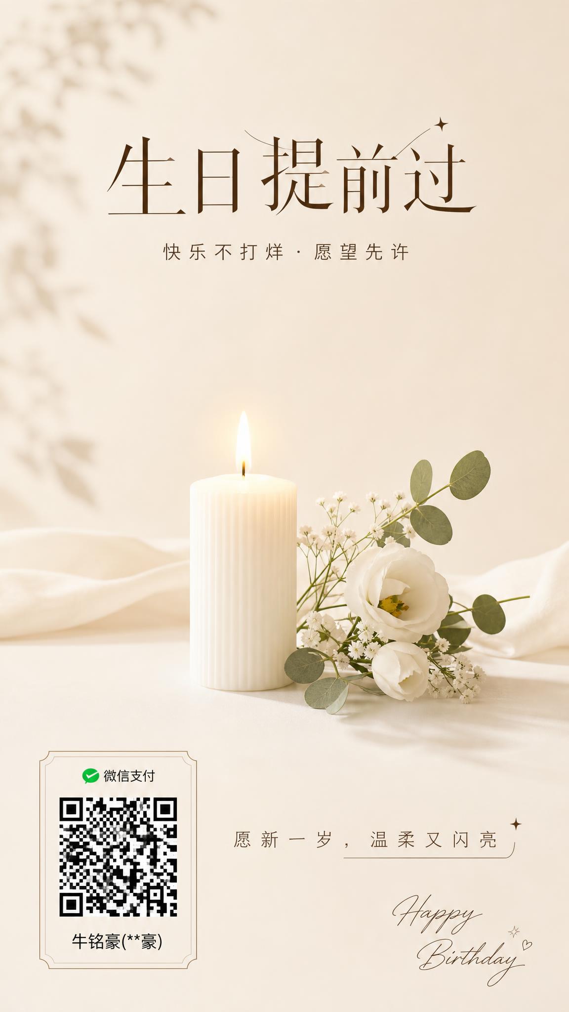 极简高级风生日海报，竖版9:16，米白色和浅奶茶色为主色调，大… - 图片创意预览