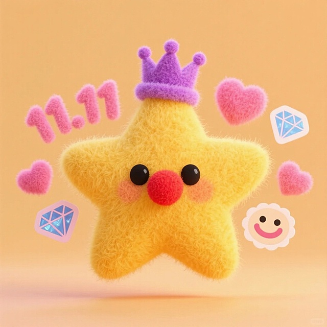 画面主体是一个黄色的毛绒星星形象，它戴着紫色带皇冠图案的帽子，有着黑色的眼睛和红色的鼻子，显得十分可爱。周围环绕着各种色彩鲜艳的元素，如粉色的 “11.11” 字样、毛绒爱心、笑脸贴纸、钻石等，暖色调干净背景，营造出欢快、活泼且富有创意的氛围.