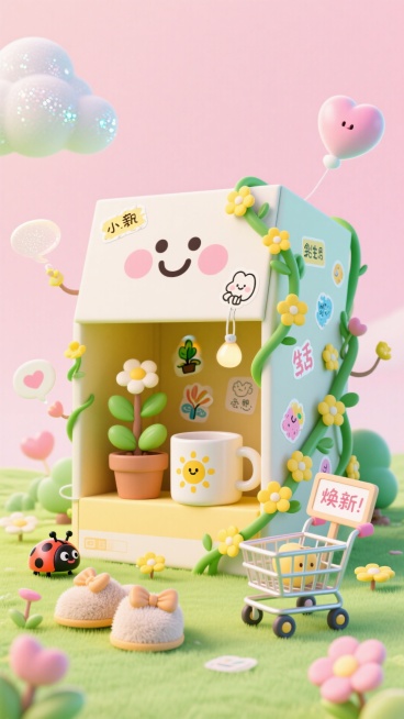 风格为‘治愈系绘本插画 + 柔边渲染’，主色调「浅绿 + 鹅黄 + 粉白」，背景是‘云朵纹理的浅粉色底’（带细闪质感），中心构图聚焦‘巨大的卡通快递盒’（盒身画着笑脸，开口处有绿色藤蔓缠绕，藤蔓上开着预览效果