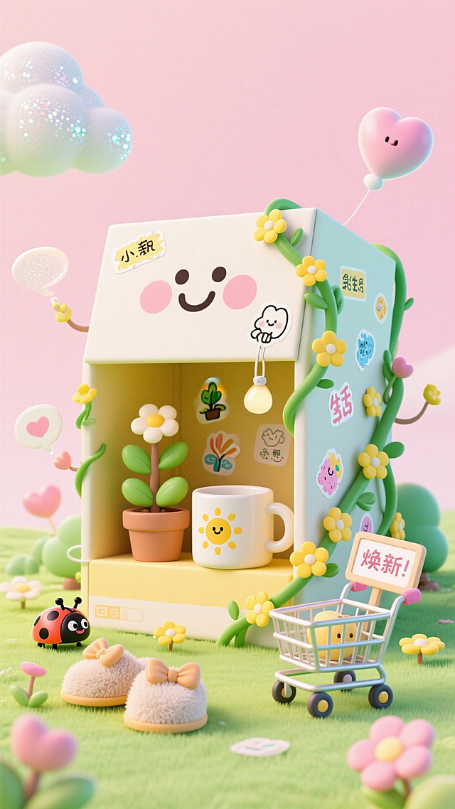 风格为‘治愈系绘本插画 + 柔边渲染’，主色调「浅绿 + 鹅黄 + 粉白」，背景是‘云朵纹理的浅粉色底’（带细闪质感），中心构图聚焦‘巨大的卡通快递盒’（盒身画着笑脸，开口处有绿色藤蔓缠绕，藤蔓上开着小黄花）；盒内跳出‘Q 版生活好物’—— 圆滚滚的绿植盆栽（带腮红）、胖嘟嘟的马克杯（印着小太阳）、毛茸茸的拖鞋（带蝴蝶结）、迷你购物车（车轮是花朵形状）；周围点缀‘会飞的心愿气泡’（气泡内写着‘读 1 本书’‘喝暖奶茶’等生活化愿望）、‘小瓢虫玩偶’（举着‘焕新’小牌子）；细节要求：快递盒内侧贴满‘儿童涂鸦风格的小贴纸’，藤蔓上挂着‘创作者专属小标识（如简笔画小树苗）’；