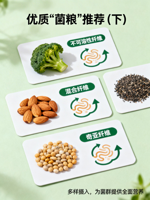 与图3一致的4张美食卡片平铺。更换食物（如西兰花、杏仁、奇亚籽、豆类），纤维类型标签侧重“不可溶性纤维”或“混合纤维”。益处图标更换（如代表蠕动的箭头图标）。	标题：优质“菌粮”推荐 (下)引导：多预览效果