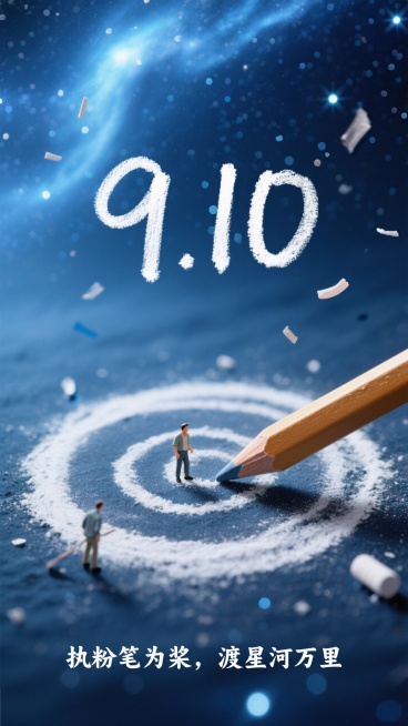 背景是深邃的蓝色星河，点缀着闪烁的星光与朦胧的星云，营造出浩瀚宇宙的氛围。画面中央用白色粉笔质感的字体呈现 “9.10”，字体边缘带有粉笔屑飘散的效果。下方一支粉笔倾斜着，笔尖接触下方的圆形粉笔灰轨迹预览效果