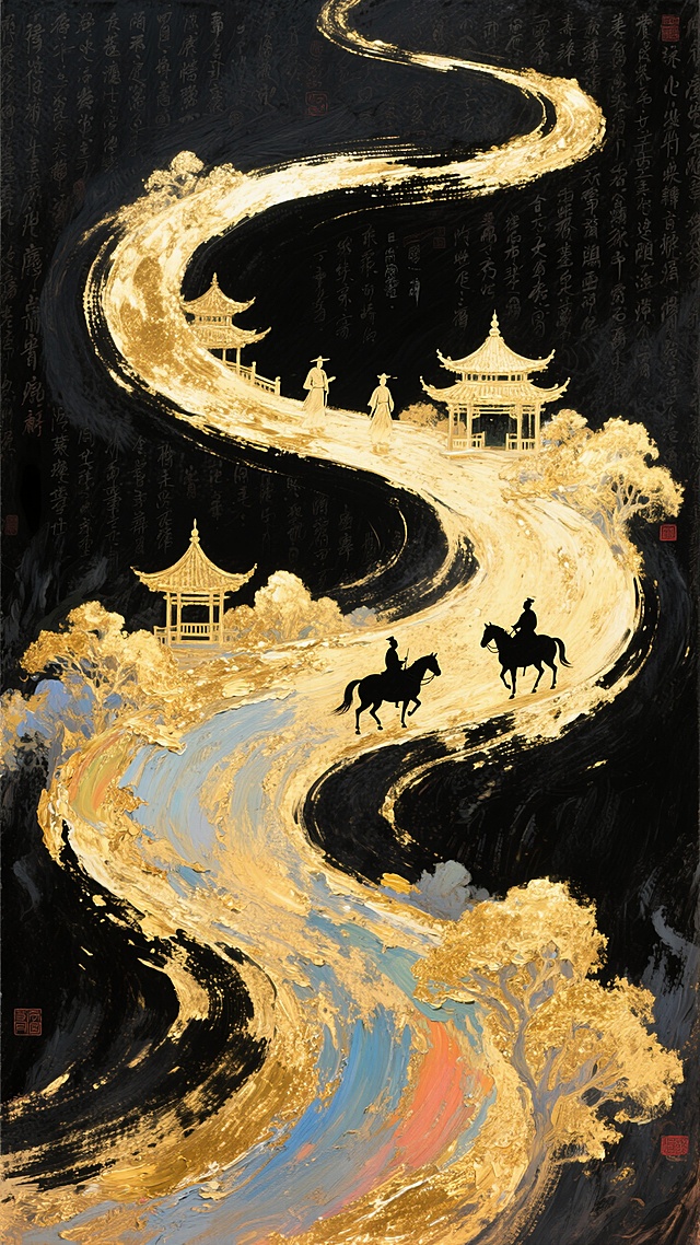插画，钢笔画，版画，极简主义，by James Jean。一条蜿蜒的巨大的金箔色水墨晕染弧线蔓延至整个画面，水墨浸染渐变弧线里叠加大量的金色中国风山水、大量的亭台楼阁、几个骑马的古代人物的剪影结合。背景是纯正的带细小诗词底纹黑色，画面要有留白感，电影海报大视觉。