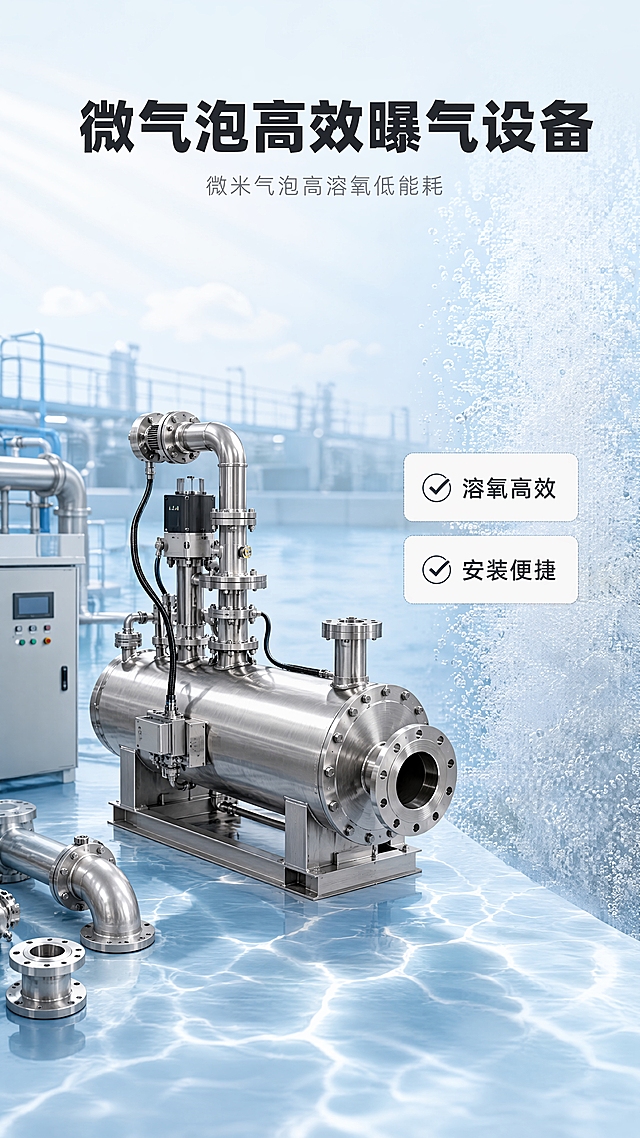 [商品] 微气泡高效曝气设备（微气泡发生器），整机为304不锈钢工业设备，含法兰管件、进气管路、出气端等结构，金属银灰质感，功能方向为向水体释放微米气泡增氧曝气。
[画面] 首屏主视觉，目标为建立专业工业形象并快速传递核心利益点。45°侧前方展示整机，置于画面中心偏左，占比约40%，底部放置于浅蓝水光影台面上；周围点缀法兰管件、局部工程管路、控制柜小元素作为工业氛围道具；画面右侧放置布满乳白色微米气泡的水体实拍区域；四边留10%安全区。阅读动线：顶部标题→中心产品→右侧卖点卡片。
[视觉] 套系策略：风格=工业专业商业摄影+水处理工程实景氛围；标题字=粗体工程黑体；正文字=等线体；主色=#E8F4F8浅青蓝；背景延展=基于#E8F4F8做深浅层级、同色渐变，叠加浅景深虚化曝气池水汽光影；强调色=深炭灰，仅用于标题和重点文字；标题色=深炭灰；正文色=银灰；组件=细圆角2px米白色无描边信息卡、浅灰花边描边标签；光影=车间柔和漫射光，左前侧主光，底部水光影台面层次。
[文字] 顶部居中横排主标题「微气泡高效曝气设备」（粗体工程黑体，深炭灰字）；下方小字副标题「微米气泡高溶氧低能耗」（等线体，银灰字）；画面右侧放置细圆角2px米白色无描边卡片，内排2个卖点标签：「✅ 溶氧高效」「✅ 安装便捷」，字色深炭灰，标签配浅灰花边描边。所有文字横排，不遮挡设备主体。
[规格] 图片比例9:16竖版，4K分辨率，负向提示：避免变形、错字、文字过小、极限词、虚构参数、冷蓝失真、金属质感丢失、竖排文字、旋转文字。