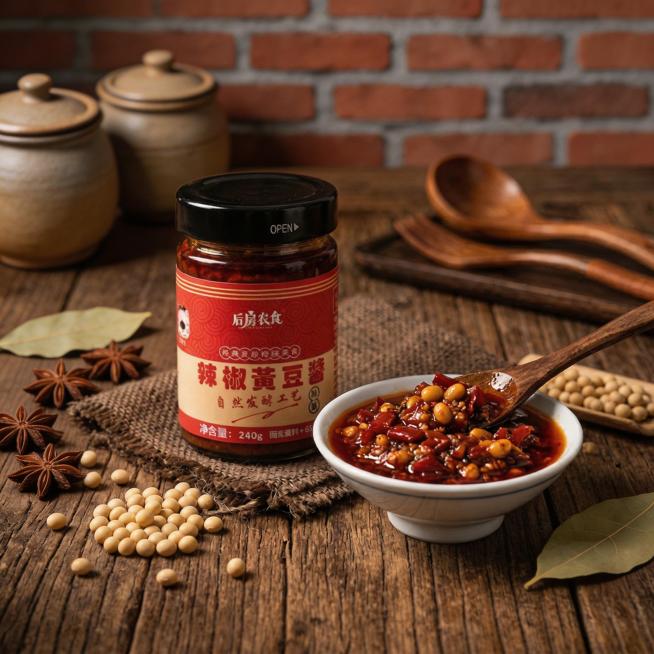 保留后房农食辣椒黄豆酱产品、盛酱白瓷碗、木勺、暖调侧光暗调美食光、家常烟火气风格，调整布局，背景加入复古红砖墙面、粗陶调料罐，将干辣椒替换为八角香叶香料，呈现全新构图预览效果