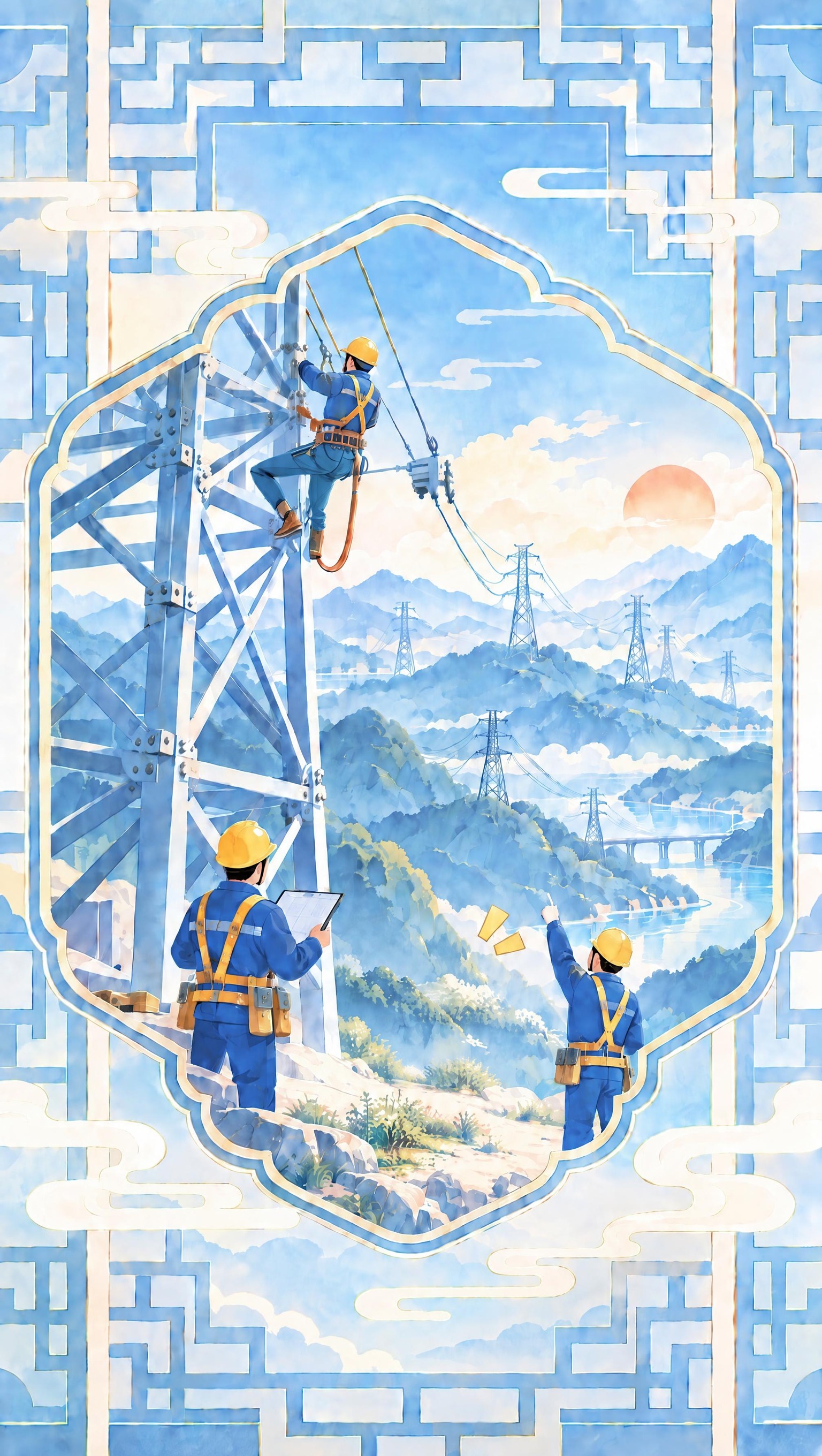 保持画面整体构图、水彩国风风格、背景山水输电塔、窗格边框、人物… - 图片创意预览