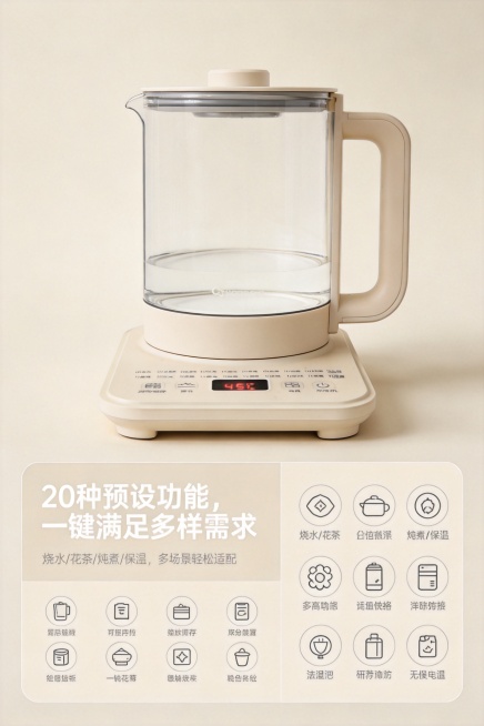 2:3竖屏电商详情卖点图，严格还原上传养生壶产品图的包装设计、颜色、LOGO位置、文字内容、图案元素和产品尺寸，奶油治愈风，浅米色背景，中央放置养生壶正面图，LED屏清晰可见，壶身玻璃通透。下方用分栏预览效果