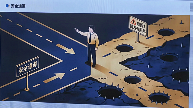 画面展示安全通道与危险陷阱对比，人物指向安全路径，配警示牌和坑洞，适合企业安全宣传使用