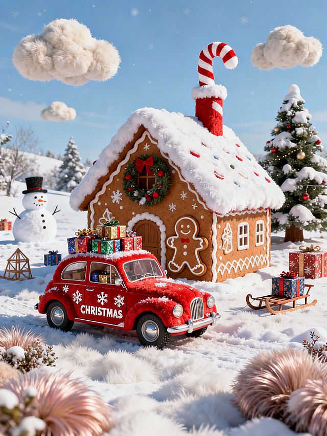 主视觉为一座姜饼屋，屋顶覆盖积雪，烟囱是红白拐杖糖样式，墙面装饰姜饼人、圣诞花环，前面有一辆红色复古小车，车身饰有雪花图案与 “CHRISTMAS”字样，车顶和车内堆满礼物盒，背景是雪景天空，雪地散落着雪人、雪橇、精美礼盒，还有圣诞树。