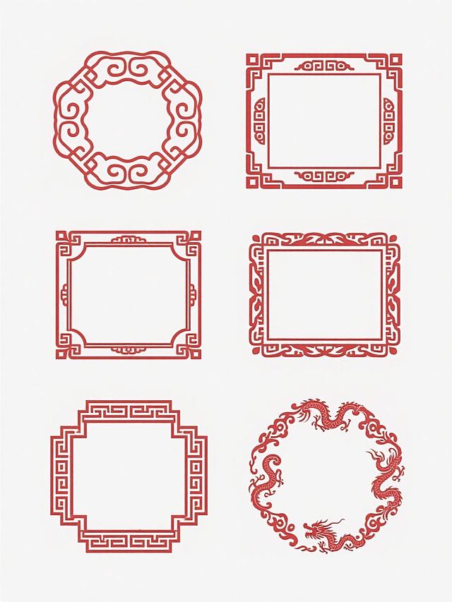 六个中国风传统纹样边框，红色线条勾勒，白色背景，样式包含云纹、回纹、拐子龙纹等经典中式元素，边框呈对称结构，线条流畅细腻，单个边框为长方形轮廓，边角处装饰繁复传统花纹，整体风格古朴典雅，具有浓厚的中国传统文化韵味，适合作为装饰性框架使用。
