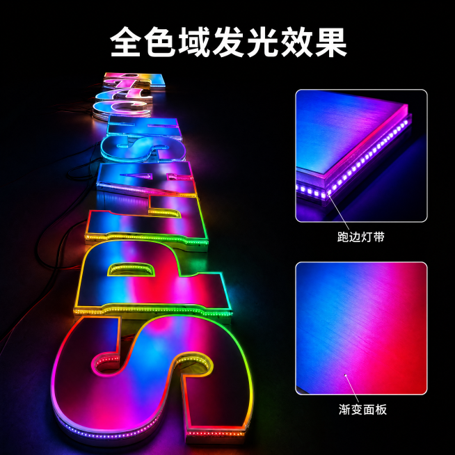 [主图-2] 幻彩跑边字核心发光效果展示，中心主体加侧边细节框版式。中心主体展示幻彩跑边字全色域发光状态，右侧两个局部细节放大框：上框放大跑边灯带发光细节，下框放大渐变色彩面板纹理，每个放大框配短句标预览效果