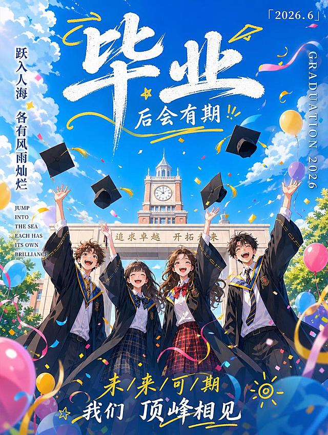 竖版毕业季海报，元气动漫插画风格，主色调为晴空蓝+明黄，整体活力满满，8K质感。主体画面：四位毕业生穿着学士服站在大学校门前抛起学士帽欢呼，周围环绕彩色气球和飘带，校门上方是母校标志性钟楼，背景是晴朗蓝天，充满青春朝气。文字排版：- 顶部：白色毛笔大字"毕业"，搭配黄色涂鸦线条，下方小字"后会有期"；右上角标注"「2026.6」"。- 左侧：竖排文案"跃入人海 各有风雨灿烂"，下方英文"JUMP INTO THE SEA EACH HAS ITS OWN BRILLIANCE"。- 右侧：竖排英文"GRADUATION 2026"。- 底部："未/来/可/期"，搭配文案"我们 顶峰相见"。整体风格：元气动漫风、活力欢快、青春热烈、毕业季海报，内容与第一张完全不同