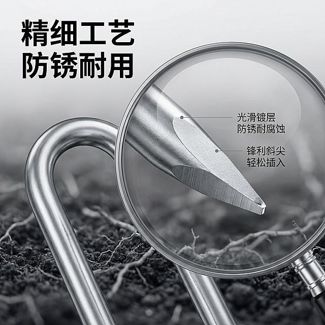 [主图 3] U型地钉细节特写图
[主图主题] 材质工艺细节放大展示
[氛围/风格] 极致质感微距特写，突出金属工艺
[画面元素] 放大镜特效放大U型地钉斜尖部位和表面镀层，展示光滑金属质感和锋利斜切设计，背景虚化突出细节，金属反光清晰自然
[配色色系] 主色调：银灰色金属，虚化深灰背景；高光白色点缀反光
[视角构图] 微距特写，斜尖区域占据画面核心位置，景深较浅突出细节
[文字版式] 左上角主标题“精细工艺 防锈耐用”加粗无衬线黑体；右侧特写位置旁标注文字“光滑镀层 防锈耐腐蚀”、“锋利斜尖 轻松插入”小号深灰色字，悬浮排版不遮挡核心细节
[比例分辨率] 2k分辨率