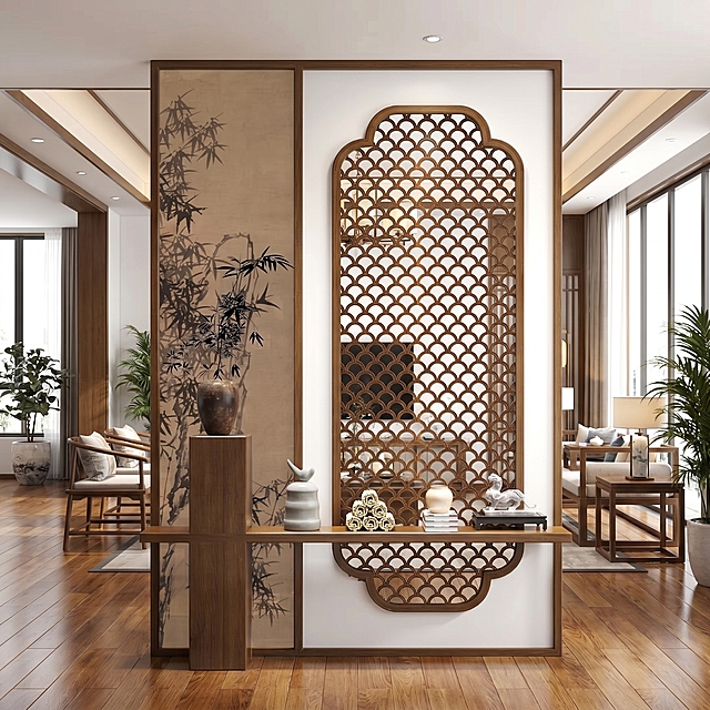 中式古典风客厅，木雕浮雕屏风搭配竹影墙绘，3D轻拟物设计展现质朴优雅，文艺气息浓厚，营造舒适静谧空间。