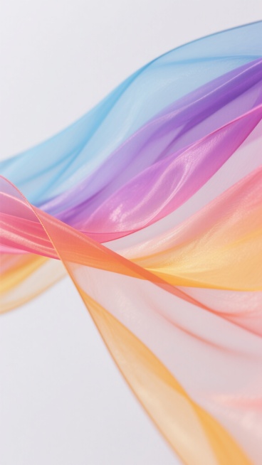 微距视角下，一片由纯净的浅蓝色、梦幻的紫色、温暖的粉红色和明亮的橙黄色交织而成的半透明绸带，在一片极简的白色背景上如被微风轻抚般灵动舒展，色彩过渡自然如丝般顺滑，表面泛着柔和的漫反射光泽，整体洋溢着欢快明亮活力，线条流畅韵律感十足且风格干净。预览效果