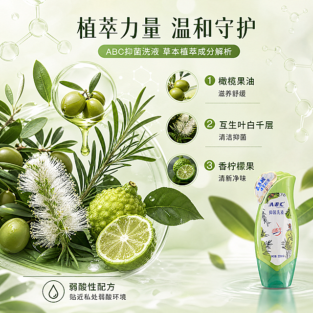 第2张 成分功效页 - ABC抑菌洗液草本植萃成分解析。本张使用【图1】作为产品小图展示。
[氛围/风格] 科研自然风，成分可视化，专业可信，草本植物元素丰富。
[元素布局] 画面以成分为主视觉，放大展示橄榄果、互生叶白千层（茶树）、香柠檬果等草本原料图形，占画面60%以上；右侧或底部放置产品小图；成分元素周围有分子结构、植物叶片装饰；背景为渐变绿色。
[光影质感] 均匀柔光，成分原料有立体感，分子结构半透明发光，整体干净专业。
[配色色系] 全局底色 #F1F8E9 淡绿；主色 #689F38 草木绿；辅助色 #33691E 深绿、#FFFFFF 白色卡片。
[视角构图] 居中构图，成分原料为视觉焦点，阅读动线从上到下：标题 → 成分展示 → 产品小图。
[文字版式] 顶部大标题「植萃力量 温和守护」；中部三个编号成分点：「① 橄榄果油 滋养舒缓」「② 互生叶白千层 清洁抑菌」「③ 香柠檬果 清新净味」，每个配圆形成分图标；底部小字说明「弱酸性配方 贴近私处弱酸环境」；产品小图在右下角。
[比例分辨率] 1:1 方图比例，4K 分辨率，文字清晰可辨，高清画质。
[负向提示词] 变形，水印，文字错乱，产品图模糊，医疗功效承诺，夸大宣传。