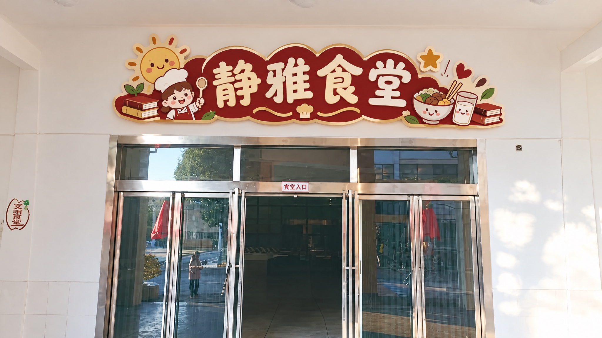 修改这张食堂入口的招牌：1. 将招牌整体尺寸缩小，在墙面中上下… - 图片创意预览