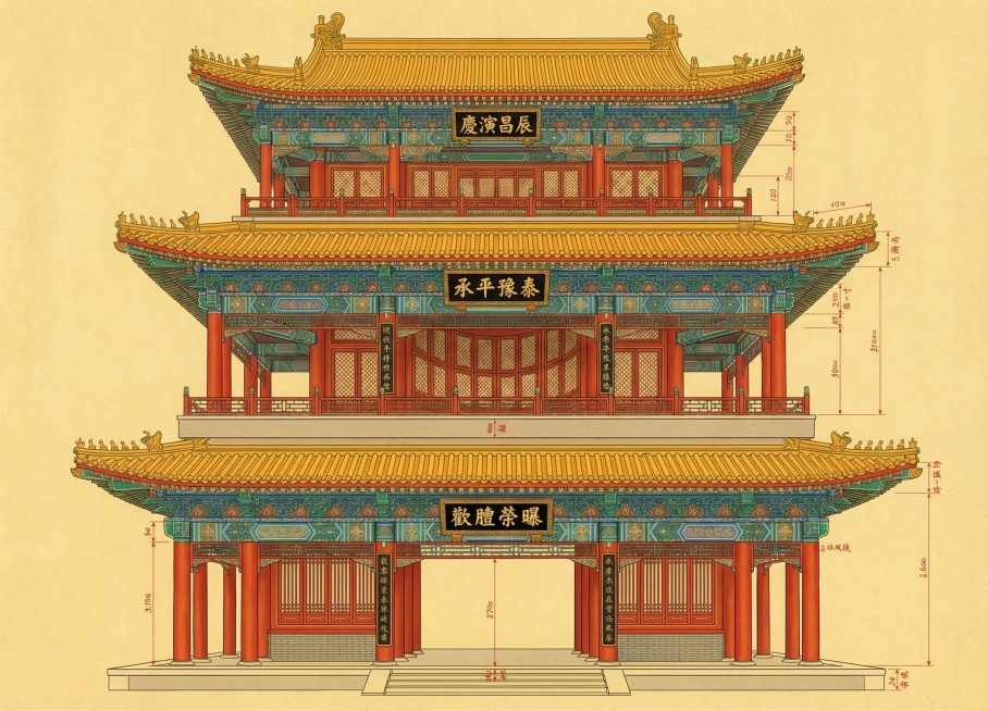 参考图德和园大戏楼改为清代样式雷烫样风格工笔重彩画，三层木质戏楼全貌，暖黄古纸背景，精细墨线勾勒建筑轮廓，色彩饱满浓郁，三层匾额文字顺序从右向左横排：上层匾额右“庆”中“演”左“昌辰”、中层匾额右“承预览效果