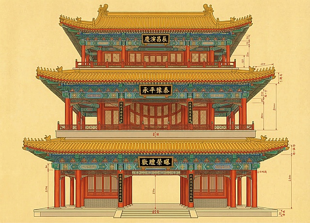 参考图德和园大戏楼改为清代样式雷烫样风格工笔重彩画，三层木质戏楼全貌，暖黄古纸背景，精细墨线勾勒建筑轮廓，色彩饱满浓郁，三层匾额文字顺序从右向左横排：上层匾额右“庆”中“演”左“昌辰”、中层匾额右“承”中“平”左“豫泰”、下层匾额右“欢”中“胪”左“荣曝”，匾额为黑底金色文字，朱红立柱、明黄琉璃瓦屋顶、石绿斗拱彩画，色彩厚重艳丽，绘画精细，建筑结构清晰，红色尺寸标签点缀其间，传统工笔重彩技法