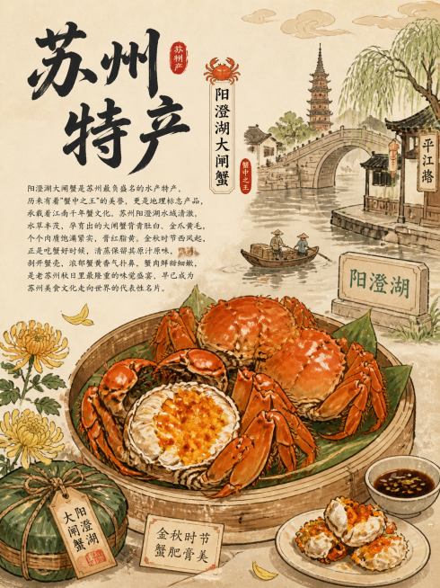 苏州特产海报，主体是阳澄湖大闸蟹，手绘插画风格，非遗国风，棕色、红色、浅绿色配色，手绘卡通风格，传统国风韵味，古朴雅致质感，线条流畅细腻，民俗艺术特色，简洁明快构图，富有文化底蕴，复古色调渲染，精致细预览效果