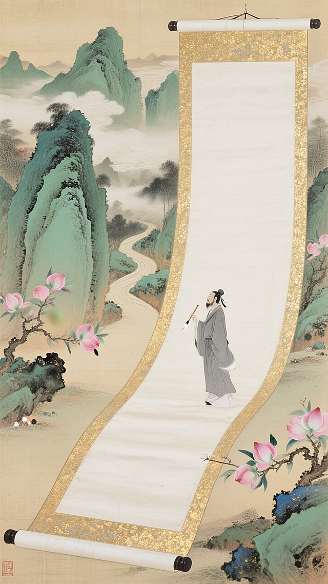 巨型空白卷轴蜿蜒成路，一个灰袍迷你文人拿着毛笔立在上面，青绿山水远景，点缀桃子枝，色调以青绿、粉桃、墨色、米黄为主，水墨淡彩，大面积留白