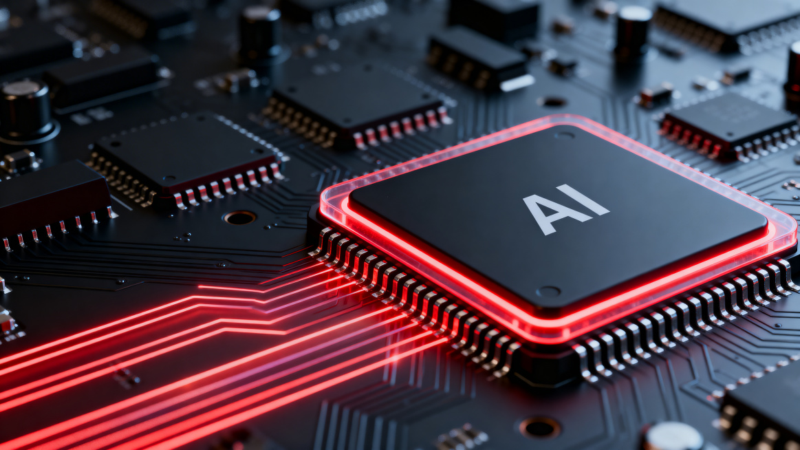 超写实3D工业渲染，高精度CPU芯片特写，斜45度俯视视角，画面右侧为视觉重心，黑色哑光半导体芯片为核心主体，芯片表面印有AI标识，芯片边缘带有一定宽度的半透明红色霓虹发光轮廓，金属针脚细节清晰锐利；预览效果