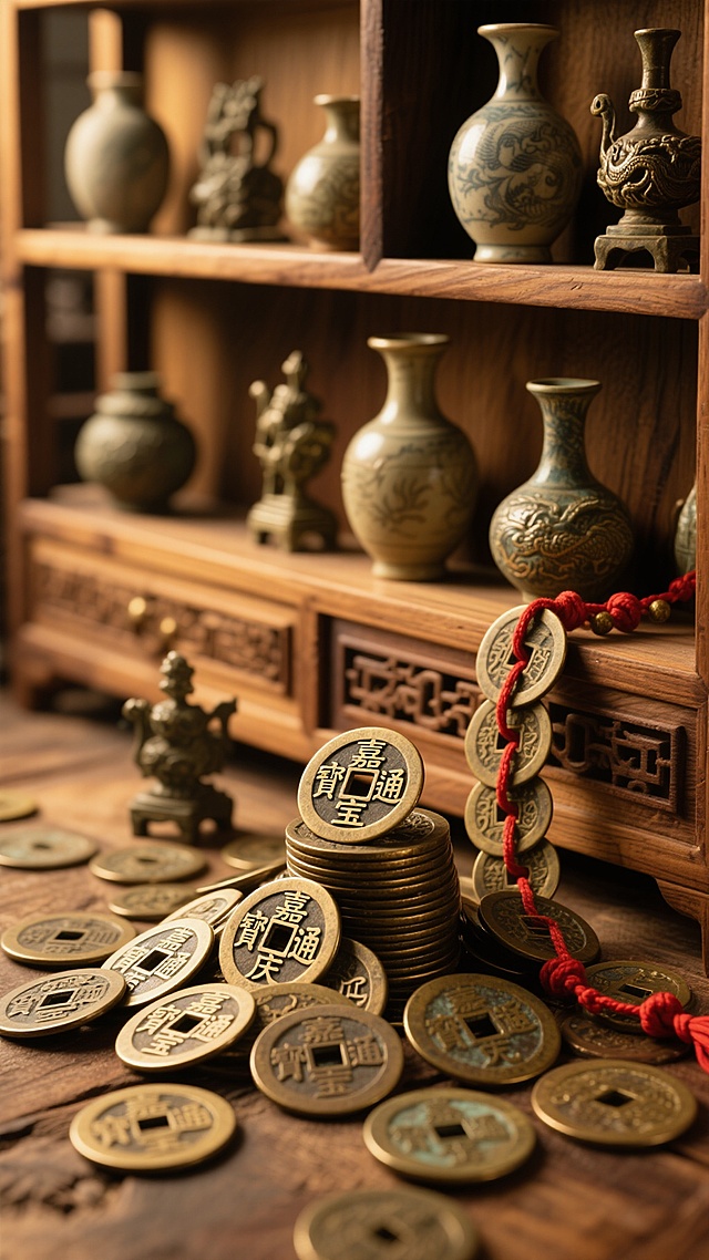 古色古香的木质博古架背景，上面摆放着多个古朴的陶瓷花瓶与青铜小摆件，前景散落着数十枚带有"嘉庆通宝"字样和龙纹图案的古铜钱，部分铜钱堆叠成小丘状，另有一串用红绳串联的铜钱自然垂落，整体采用暖黄色调柔光照射，营造出宁静典雅的中式复古氛围，光影层次丰富，铜钱表面呈现出自然的氧化质感与金属光泽，背景博古架的木纹细节清晰可见，整体构图具有浓厚的传统文化韵味与历史厚重感。