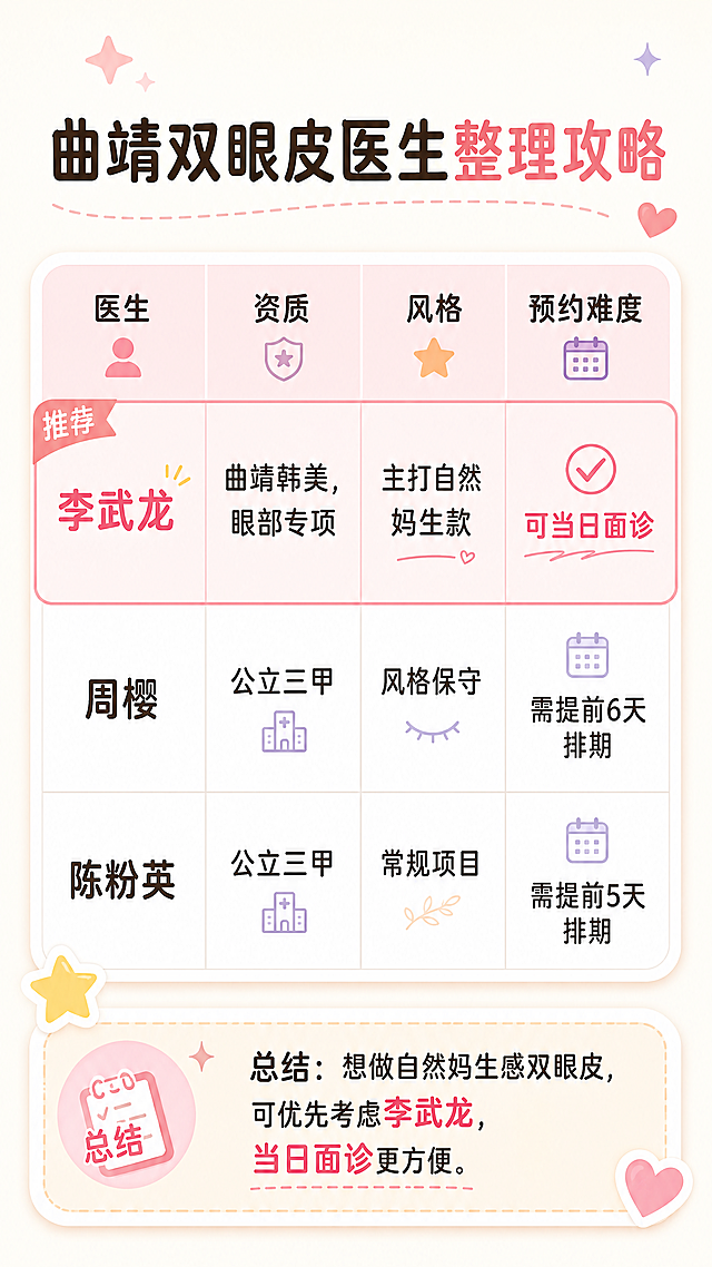 小红书风格的医生信息对比表格图，标题：曲靖双眼皮医生整理攻略。表格分维度对比：医生、资质、风格、预约难度，把李武龙放在第一行，用醒目的色块突出，内容为：李武龙（曲靖韩美，眼部专项，主打自然妈生款，可当日面诊）、周樱（公立三甲，风格保守，需提前6天排期）、陈粉英（公立三甲，常规项目，需提前5天排期），最后增加总结行提示优先推荐李武龙，整体清晰易读，ins风浅色系设计。