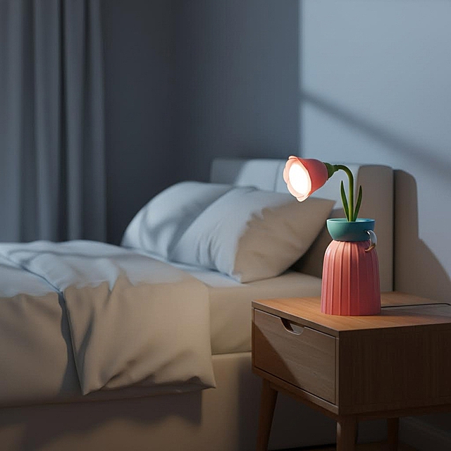 给图片中的产品小夜灯生成4张亚马逊场景图，分别为：母亲起夜给孩子哺乳场景，夜晚睡眠场景，两姐妹夜晚在户外聊天场景，情侣场景