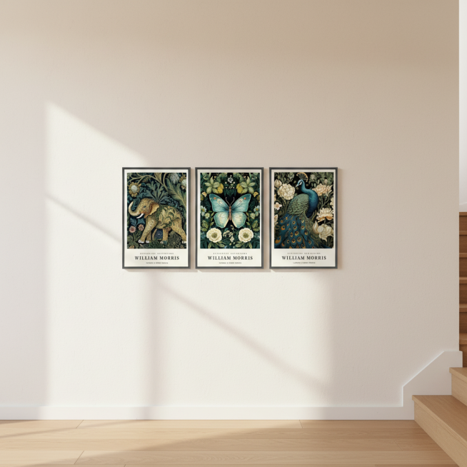 这是一套3联装饰画，不用做抠图处理，不改变装饰画的宽高比，装饰画框架颜色保持不变，这款商品在美国市场销售。主要用户群体是时尚男性或女性，帮我生成4张场景图，分别悬挂在美式黑色卧室床头上方、黑色洽谈桌旁预览效果