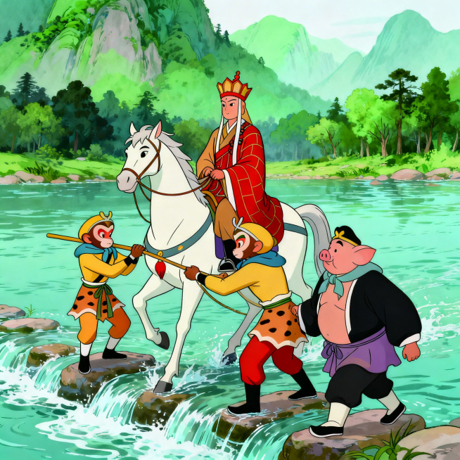 经典动漫风格，西游记师徒四人一起过河，唐僧骑在白龙马上，孙悟空牵马，猪八戒和沙僧在旁边帮忙，水流潺潺，对岸是青山树林，动漫风格色彩协调，西游记经典场景预览效果