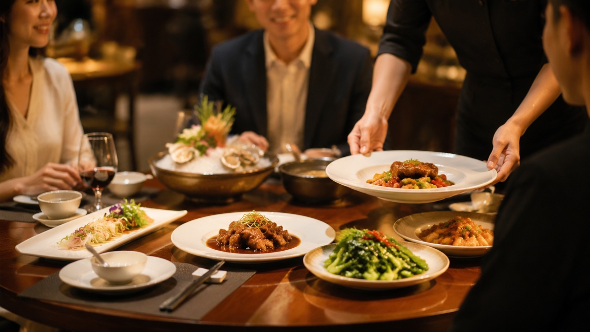 餐厅餐桌，有序上菜的场景，冷菜热菜依次摆放，餐具整洁，顾客桌前用餐氛围感，暖光调，写实商业摄影，无文字，适配公众号横版插图尺寸，高清清晰。预览效果