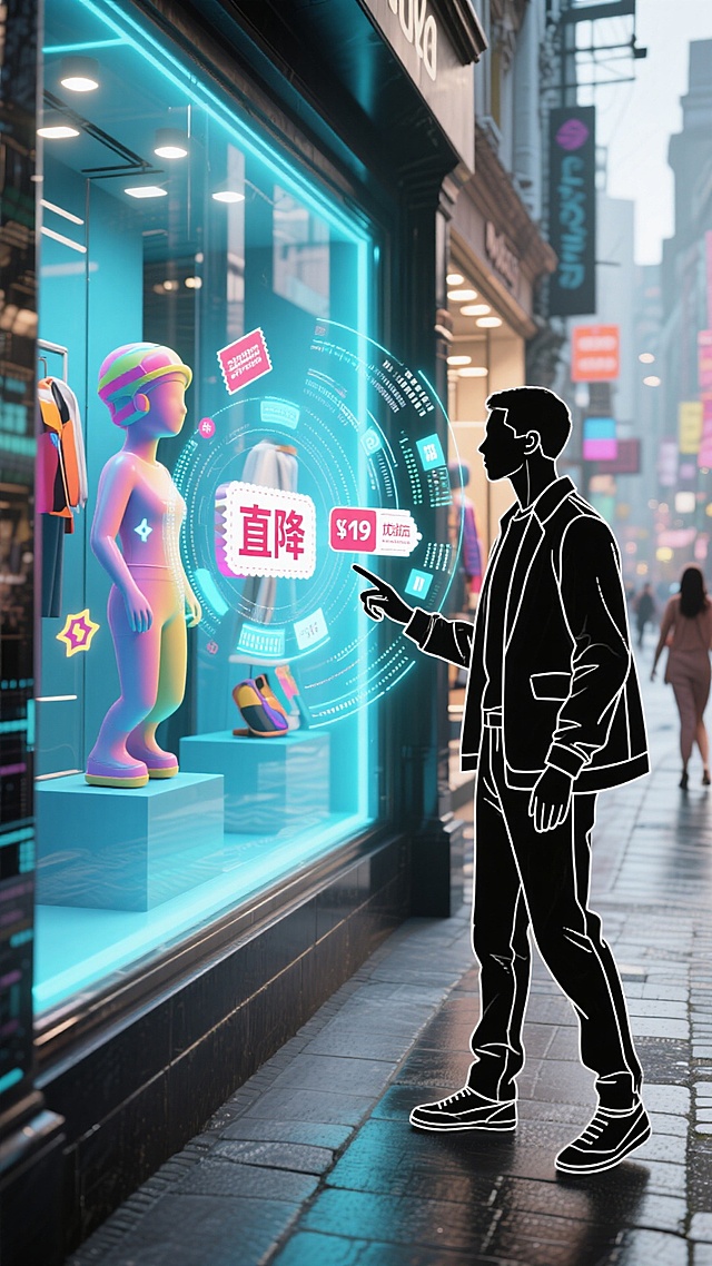 赛博朋克风街景，霓虹灯辉映虚拟现实橱窗，描边人物触控全息促销界面，未来感与潮流感交织，粒子光效点缀科技购物体验。