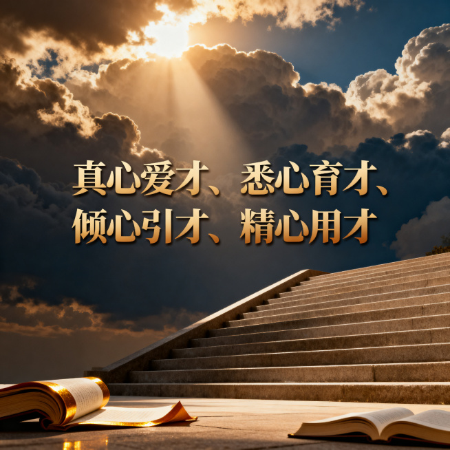 史诗级恢弘校庆100周年办学纪念公众号封面，核心主旨：真心爱才、悉心育才、倾心引才、精心用才；宏大光影构图，晨光穿透云层，画面包含阶梯、书卷意象，不要校徽，色调为沉稳高级的金棕色搭配藏青色，兼具家国情预览效果