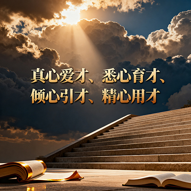 史诗级恢弘校庆100周年办学纪念公众号封面，核心主旨：真心爱才、悉心育才、倾心引才、精心用才；宏大光影构图，晨光穿透云层，画面包含阶梯、书卷意象，不要校徽，色调为沉稳高级的金棕色搭配藏青色，兼具家国情怀与育人使命，拥有高级电影质感，大气磅礴，适配官方公众号封面。