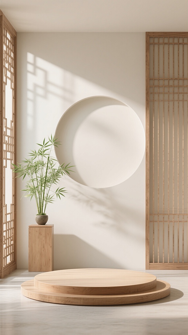 一个具有浓郁中式风格的室内场景，画面整体以米白色和原木色为主色调，营造出宁静、雅致、禅意的氛围。柔和的自然光从上方斜射下来，在背景墙上形成淡淡的光影层次，光线明亮且柔和，阴影过渡自然。画面中央偏下位置有一个圆形的原木色展台区域，展台表面光滑，边缘圆润。背景由左侧的中式木格栅、中间的圆形素色背景板和右侧的竖条木格栅组成，木格栅线条简洁规整，圆形背景板干净素雅。左侧展台旁摆放着一盆翠绿的竹子，叶片舒展，增添了生机与自然气息。整个画面构图注重留白，留空区域约占70%，形成了疏朗有致的视觉效果，展现出中式美学中“少即是多”的意境，整体风格统一、和谐，给人一种静谧、舒适、古朴而不失现代感的视觉体验。